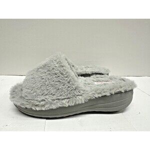 Easy Spirit women size S (5-6) slip on gray faux fur  open toes slippers